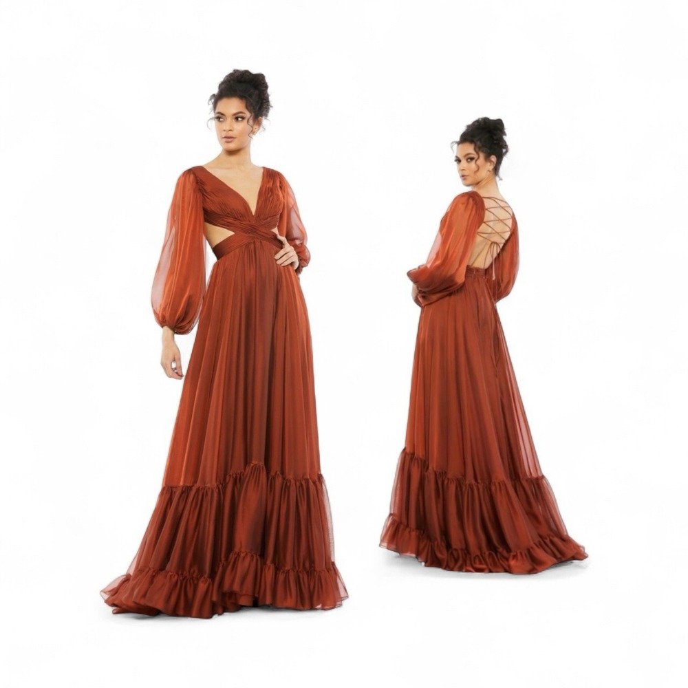 Mac‎ Duggal 67948 Gown in Copper Size 0 Bishop Sleeve Formal Dress Sweep Train